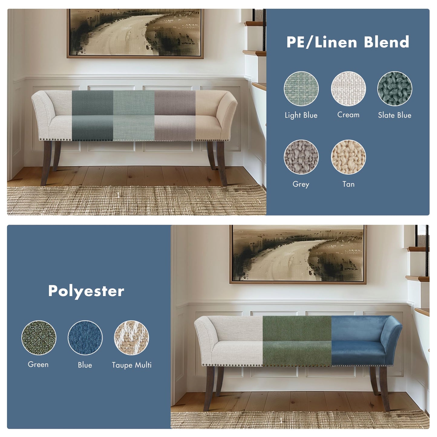 Madison Park Accent Bench, Upholstered with Nailhead Trim, & Padded Seat Entryway Bench Small, End of Bed Bench with Back, 49.5" W x 19.25" D x 23" H, Blue