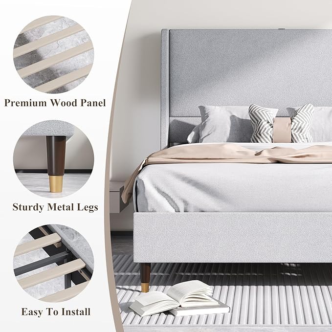 MALOL Full Size Bed Frame with Upholstered Headboard, Linen Fabric Platform Bed