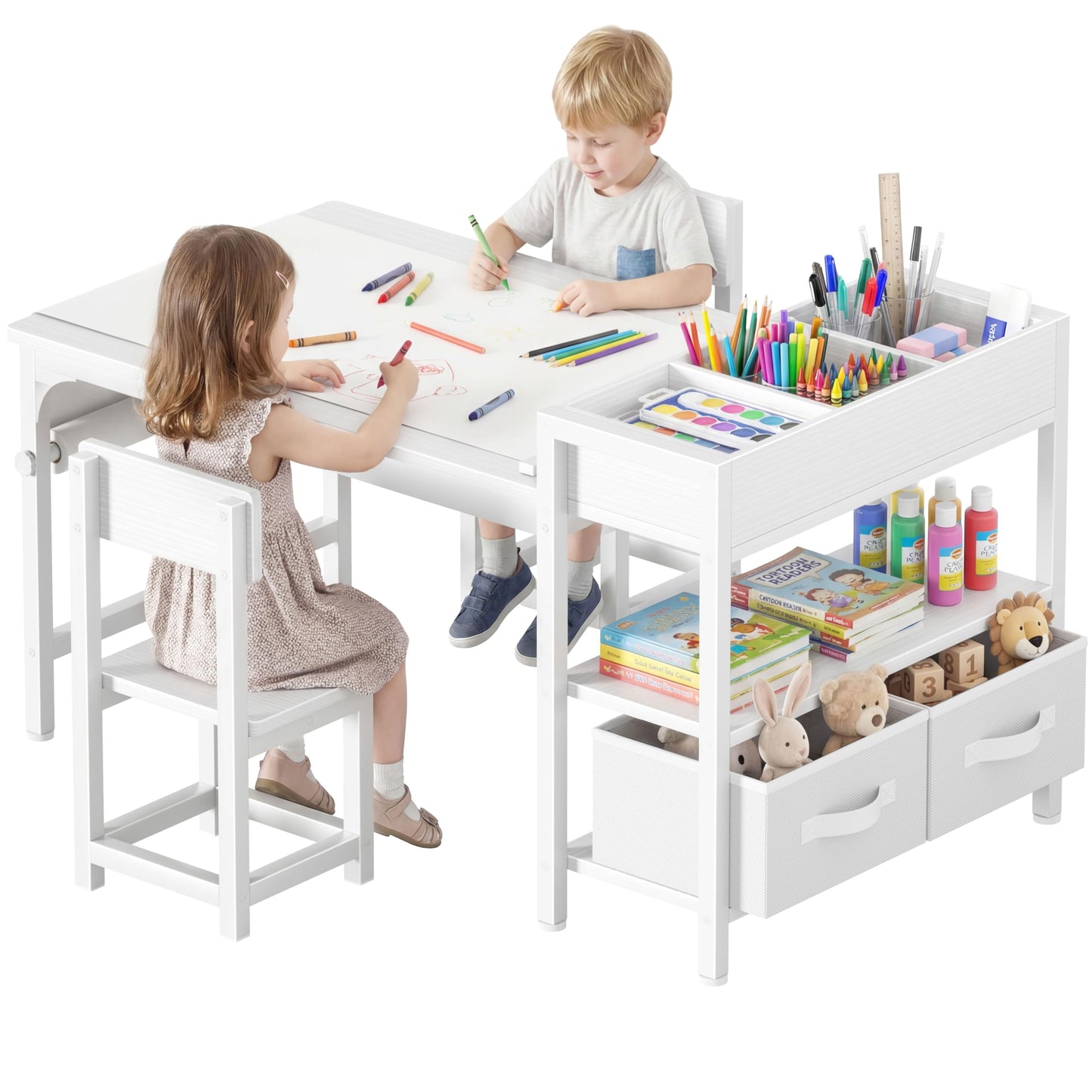 BOLUO Kids Art Table and Chair Set, Toddler Craft Table with Storage Drawers, Play Desk for Kids, Children Activity Learning Center, White