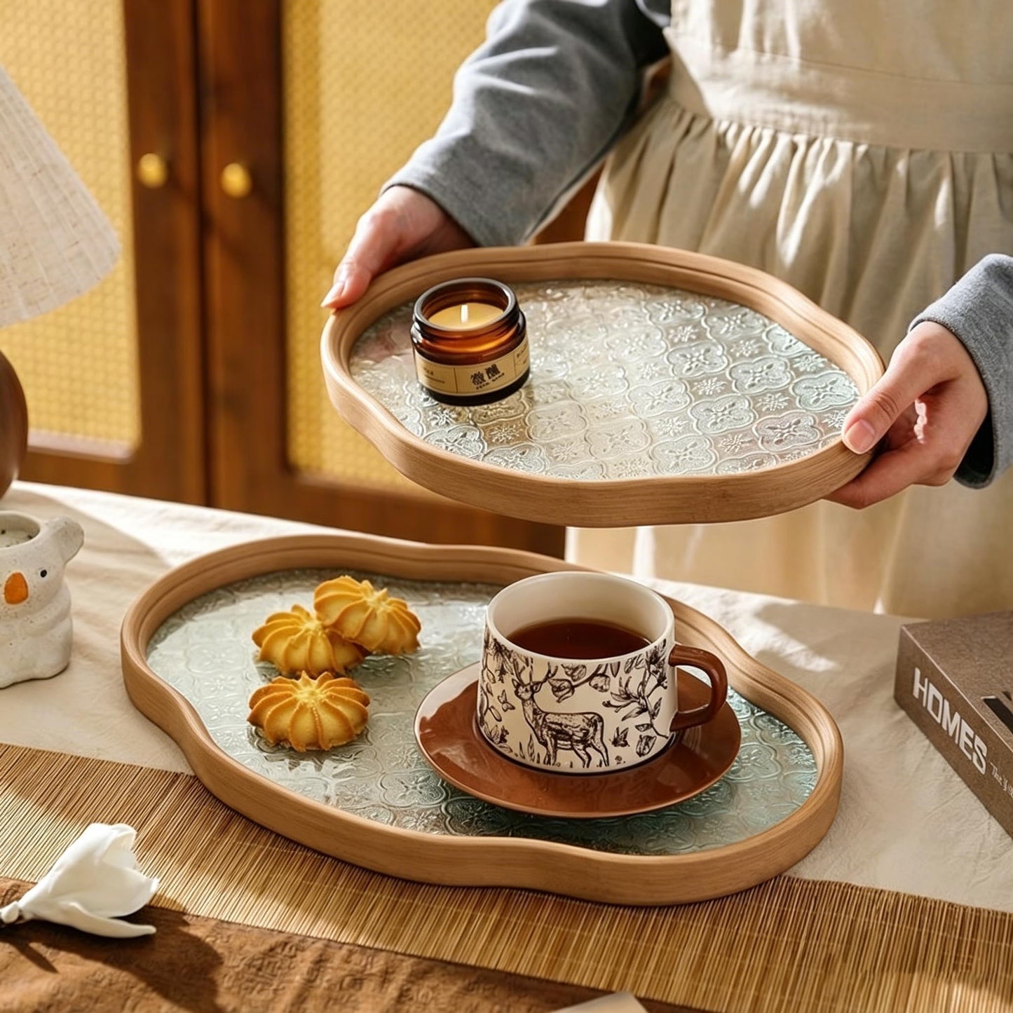 Glass Decorative Serving Tray with Crabapple Pattern, Wood Decorative Tray for Coffee Table, Kitchen, Vanity, Bathroom, or Ottoman，Perfect for Bread Food Fruit Display & Storage