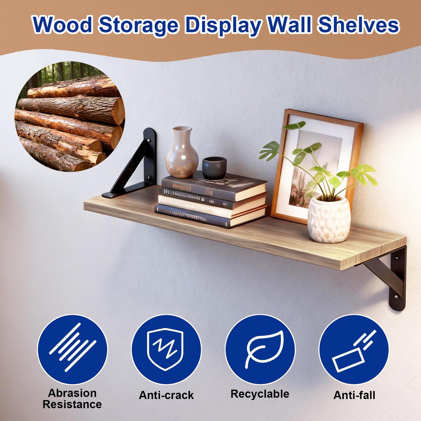 lonllidin Wall Mounted Floating Shelves Set of 6,Wood Floating Wall Shelf,Rustic Wood Storage Display Wall Shelves for Wall Home Decor,Bedroom,Bathroom,Living Room,Kitchens,Offices,Rustic Brown