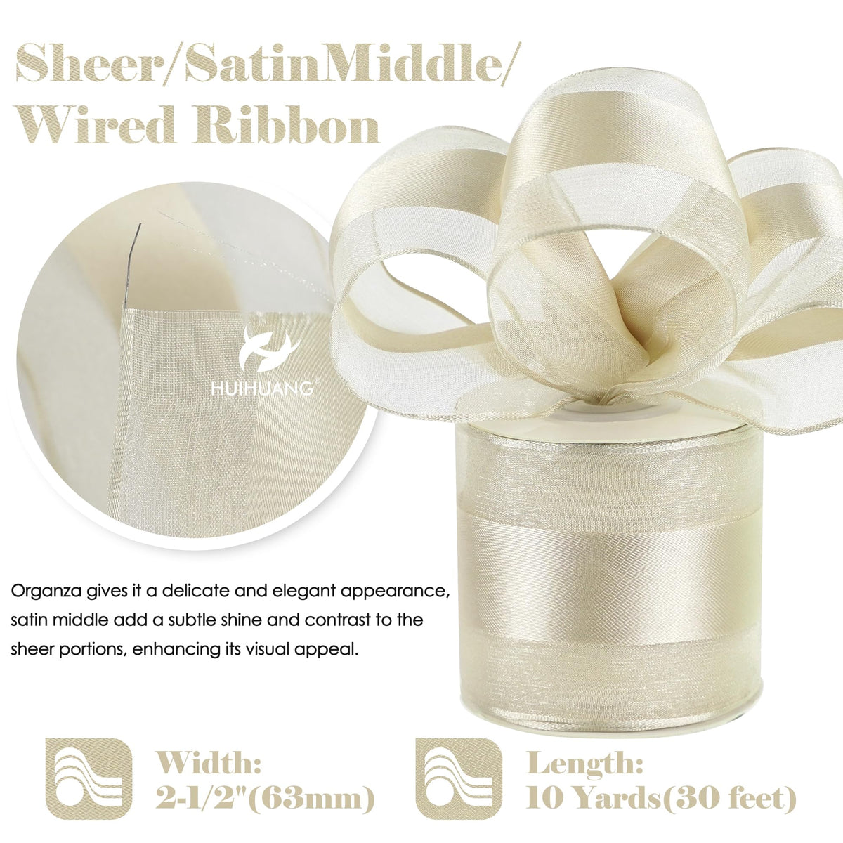 HUIHUANG Champagne Sheer Wired Ribbon with Satin Stripe 2.5 inch Champagne Christmas Tree Ribbon for Bows Making, Wreaths, Garland, Gift Wrapping, Bridal Shower Wedding Decor-Continous 10 Yards