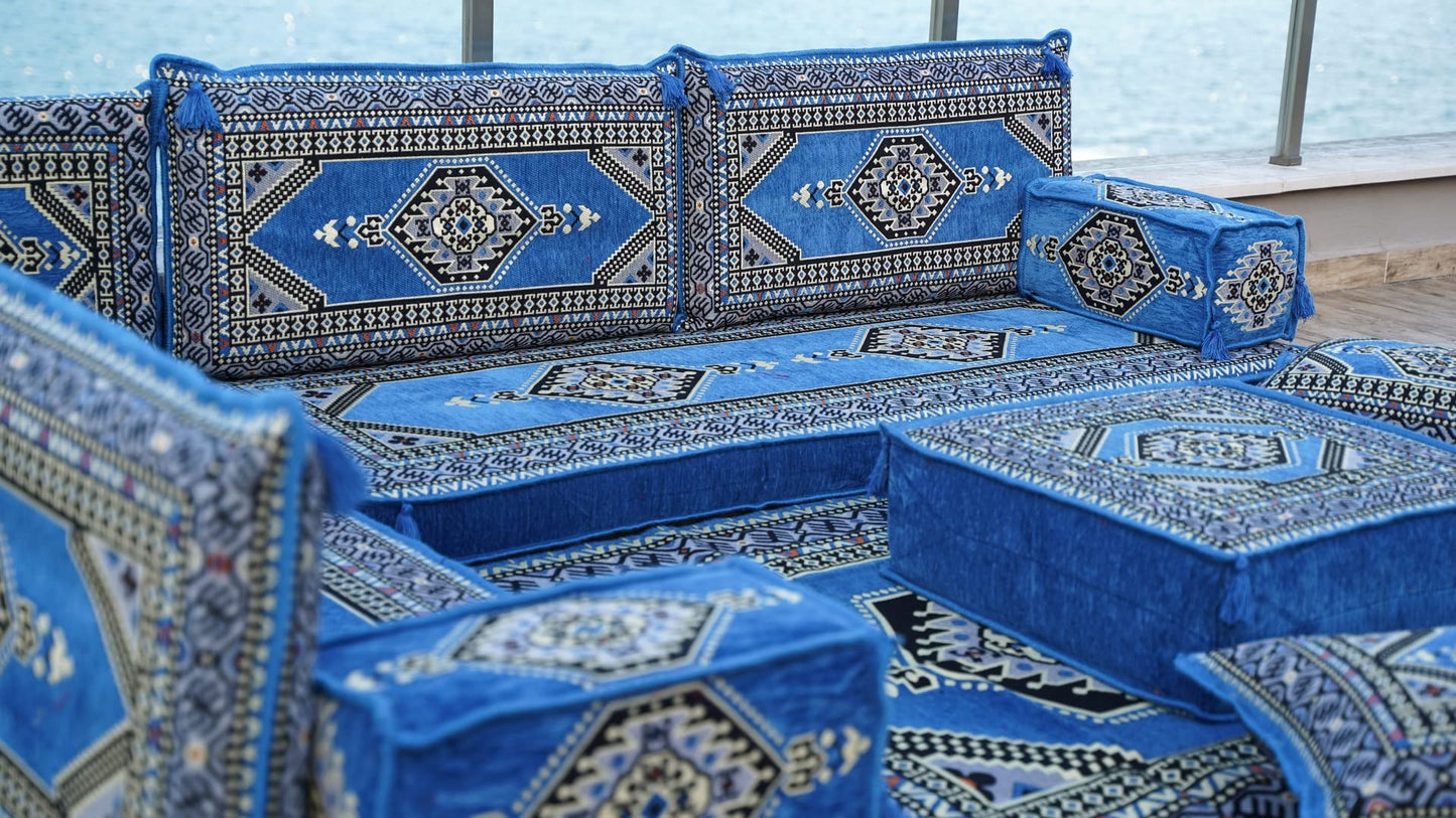 L Shaped Arabic Floor Cushions, Sectional Sofas, Arabic Majlis Set, Custom Made Sofa, Arabic Sofa Set, Seating Cushions (4'' Thickness Sofa, L Sofa Full Set, Blue)