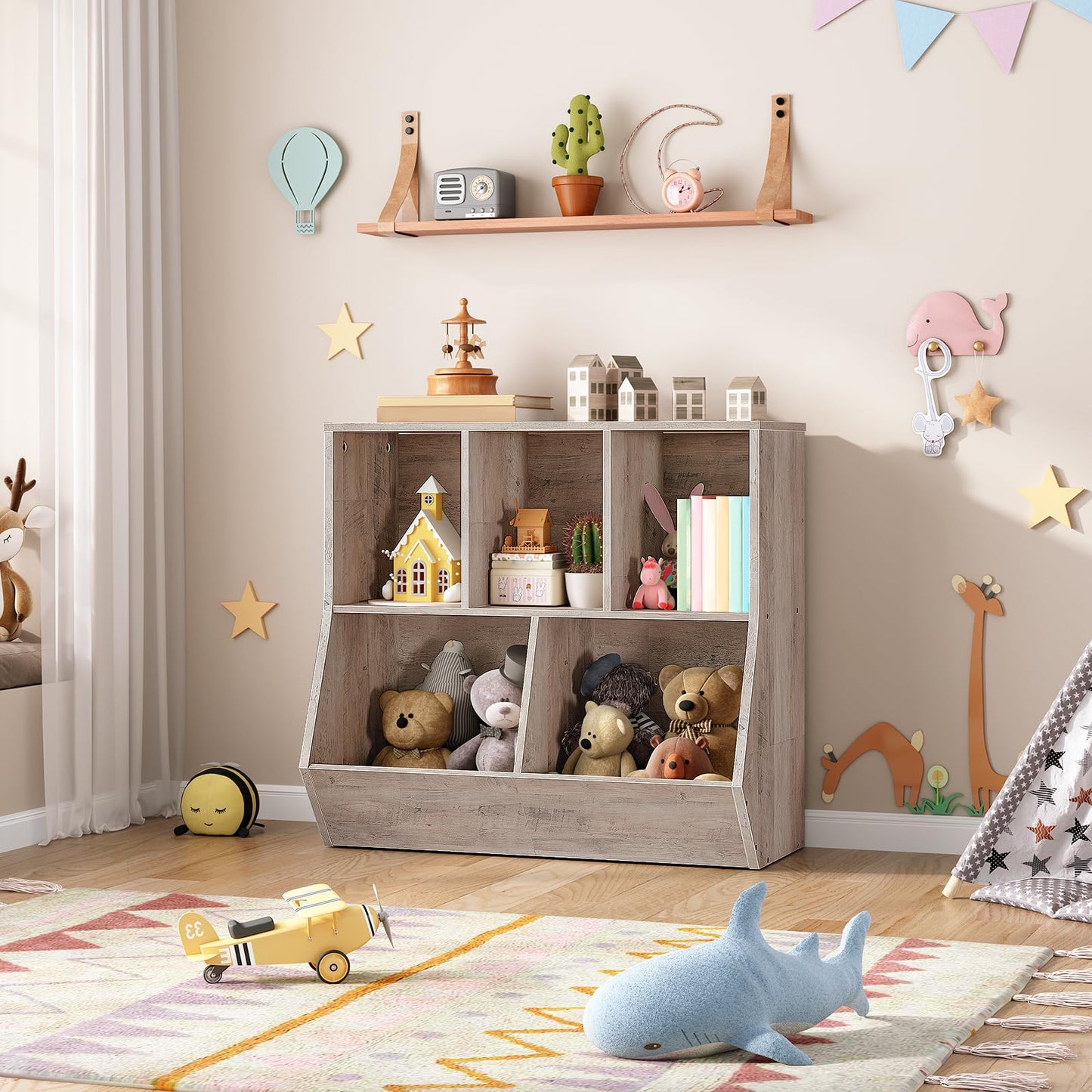 HOOBRO Kids Bookshelf, Bookcase Footboard, Toy Storage Cubby, Children's Toy Shelf, 35.4" L Toy Storage Cabinet, Fit for Children's Room, Playroom, Hallway, Kindergarten, Greige BG32CW01