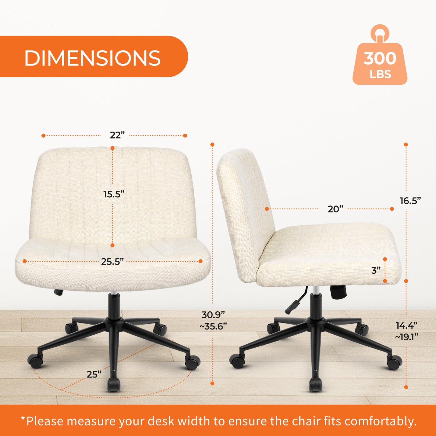 Orange Factory Criss Cross Chair Wheels Wide Cross Legged Office Desk Vanity Dual Base Comfy Fabric Armless Adjustable Swivel for Home Computer Task (Beige Dual Base, Fabric)