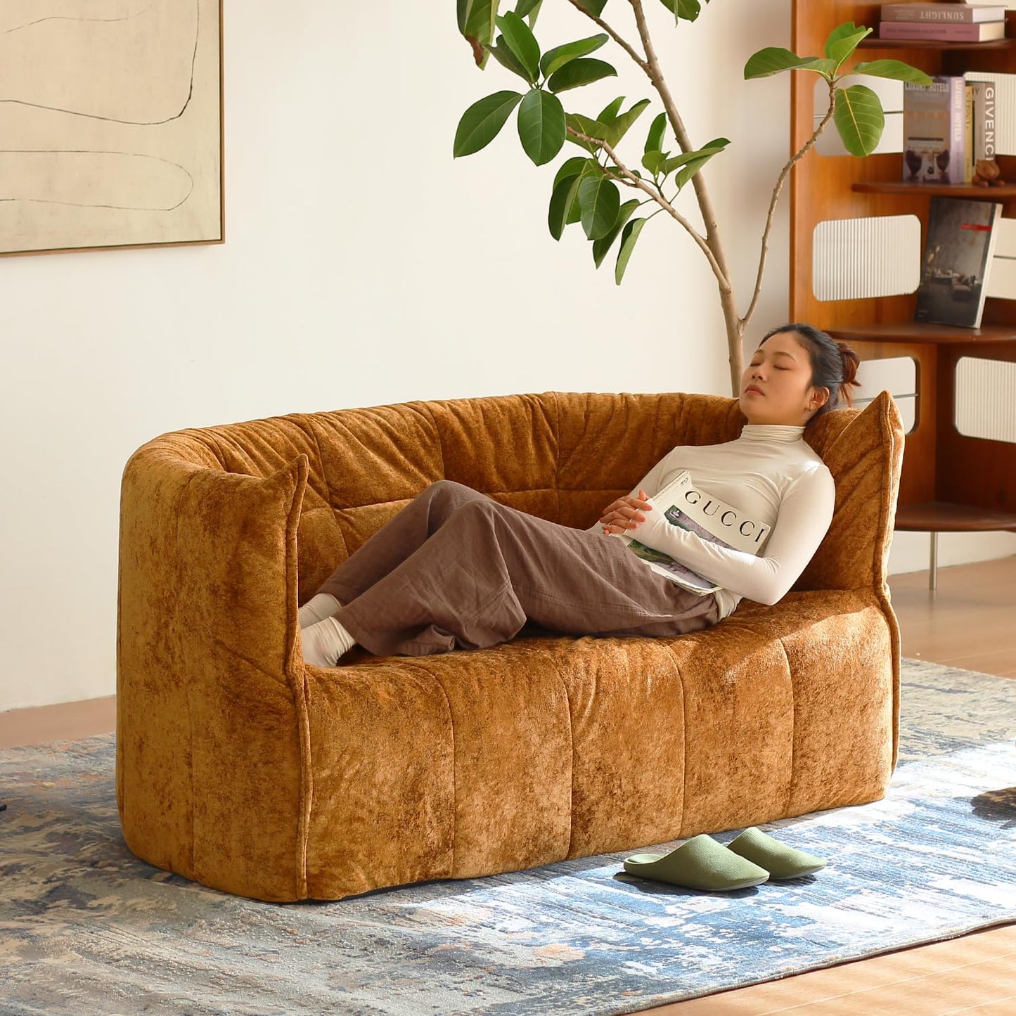 N&V Mid Century Brigantin Deep Relaxation Sofa, Soft Premium Chenille, for Living Room Bedroom and Office (Brown, ThreeSeater)