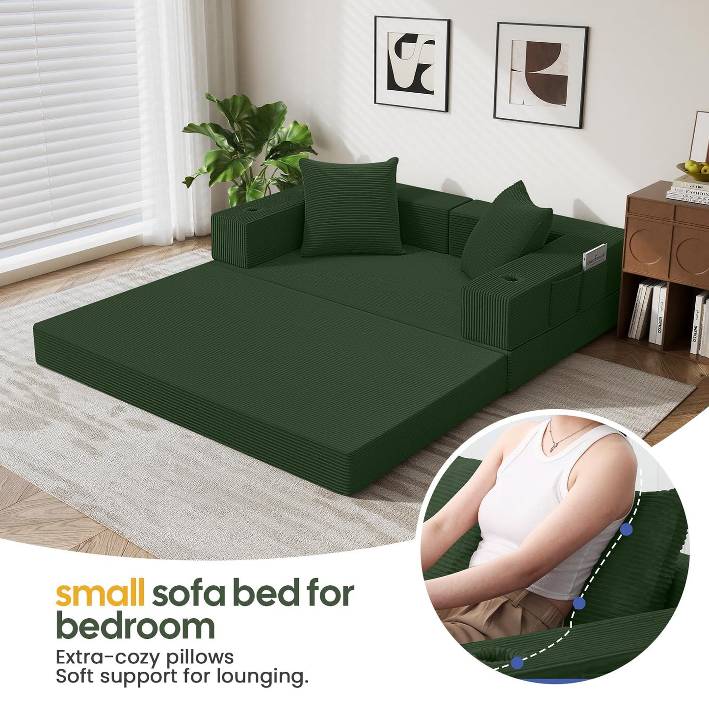 COMAX Futon Sofa Bed, 4‑in‑1 Convertible Sofa Bed, Folding Boneless Couches for Living Room, Fold Out Small Foldable Loveseat Floor Sleeper Comfy Mattress Lounge Space‑Saving, Green