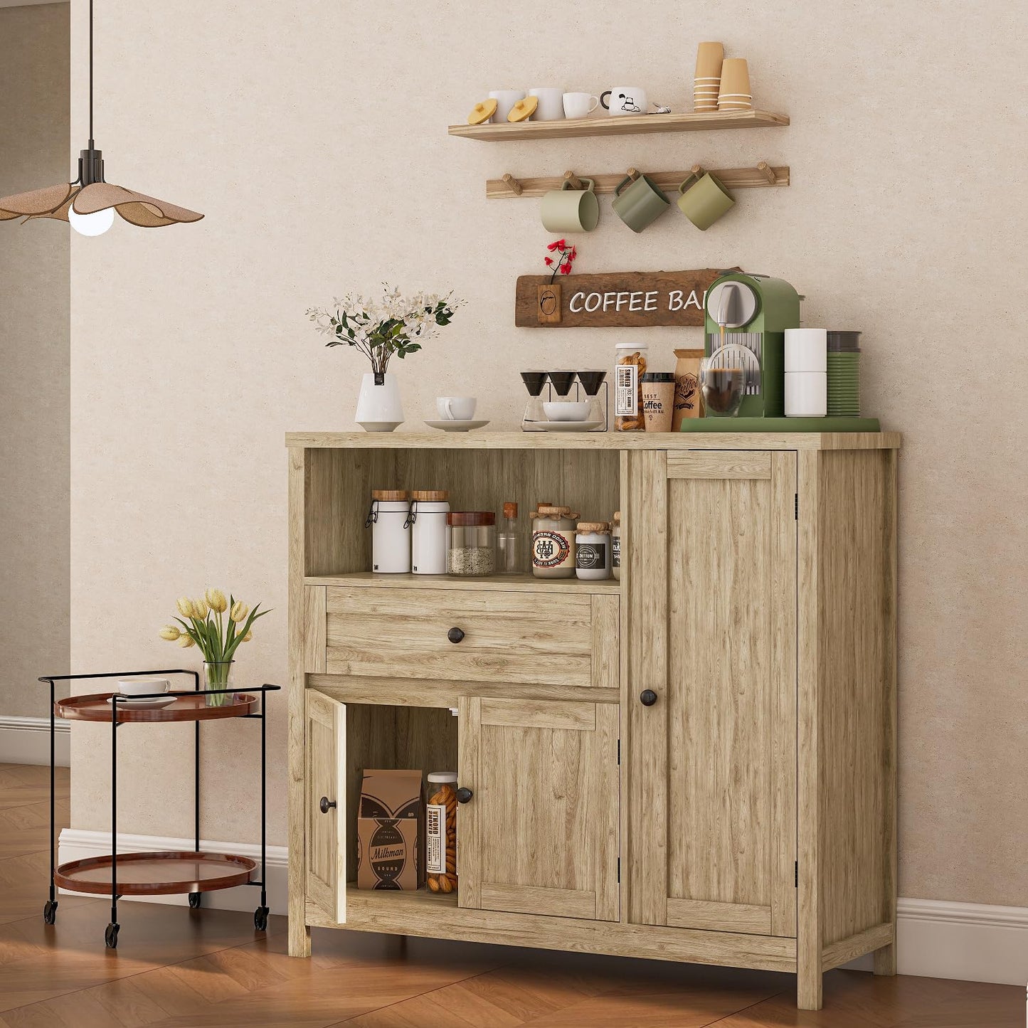 Viaozutis Coffee Bar Cabinet with Doors and Drawer, 35.4" Kitchen Storage Cabinet with Adjustable Shelf, Freestanding Buffet Sideboard for Dining Room, Bathroom, Entryway（Grey）