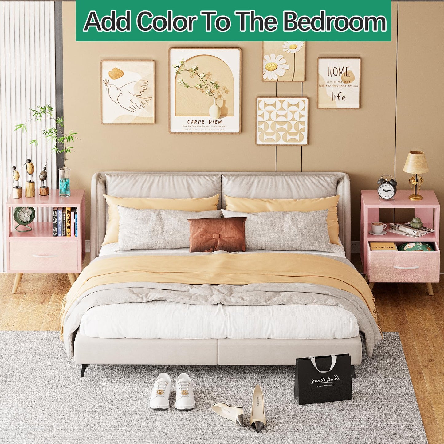 Aenuert Night Stand, Pink Kids Nightstand with Drawer, Nursery Side Table with Open Storage, 2-Tier Modern End Table, Bedside Table for Small Space, Living Room, Bedroom