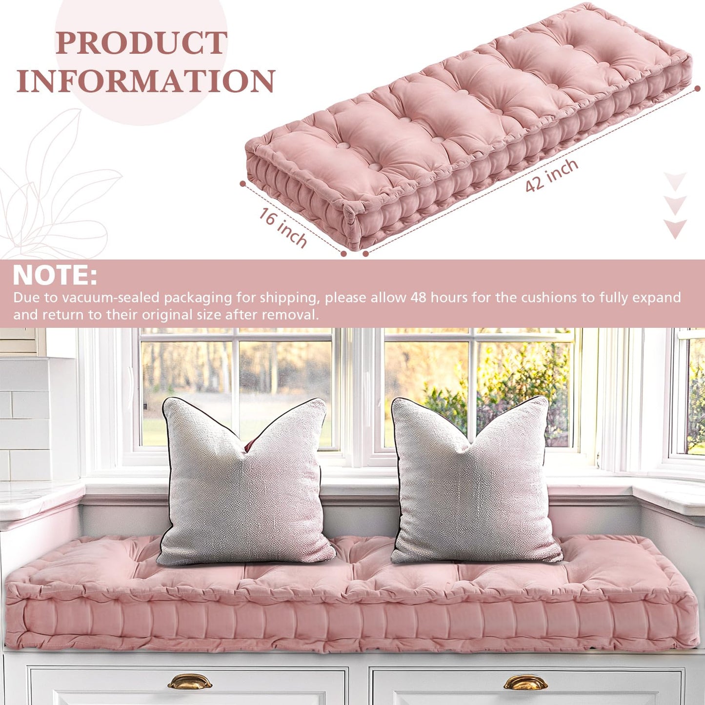 Threehoney Bench Cushions for Indoor Furniture 42x16 in Velvet Kitchen Dining Piano Window Seat Cushion, Tufted Patio Porch Swing Thicken Bench Pad Memory Foam(Pink)