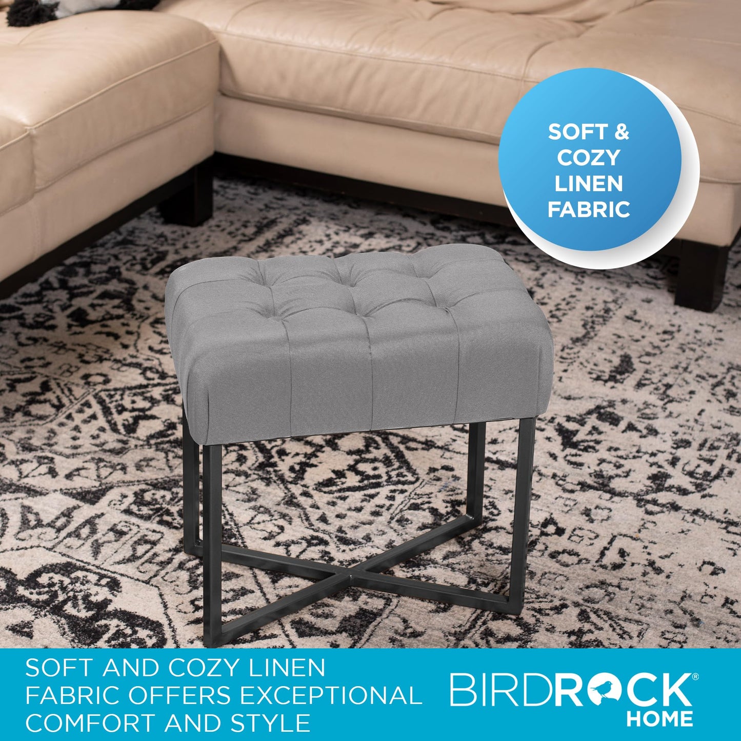 BIRDROCK HOME Rectangle Tufted Linen Ottoman Foot Rest - 19.7x11.82x17.73” Small Foot Stool with Legs - Padded Footrest Modern Ottomans for Living Room Furniture, Bedroom Footstool (Grey)