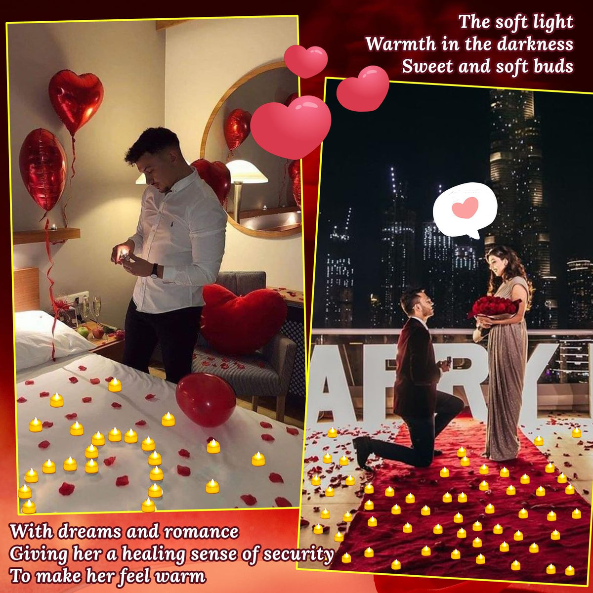 JMUQ 4000 Pieces Artificial Rose Petals with 48 Pieces Romantic Heart Led Tealight Candles, Rose Petals and Candles Set for Weddings Anniversaries Proposals Decor(Warm White Light)