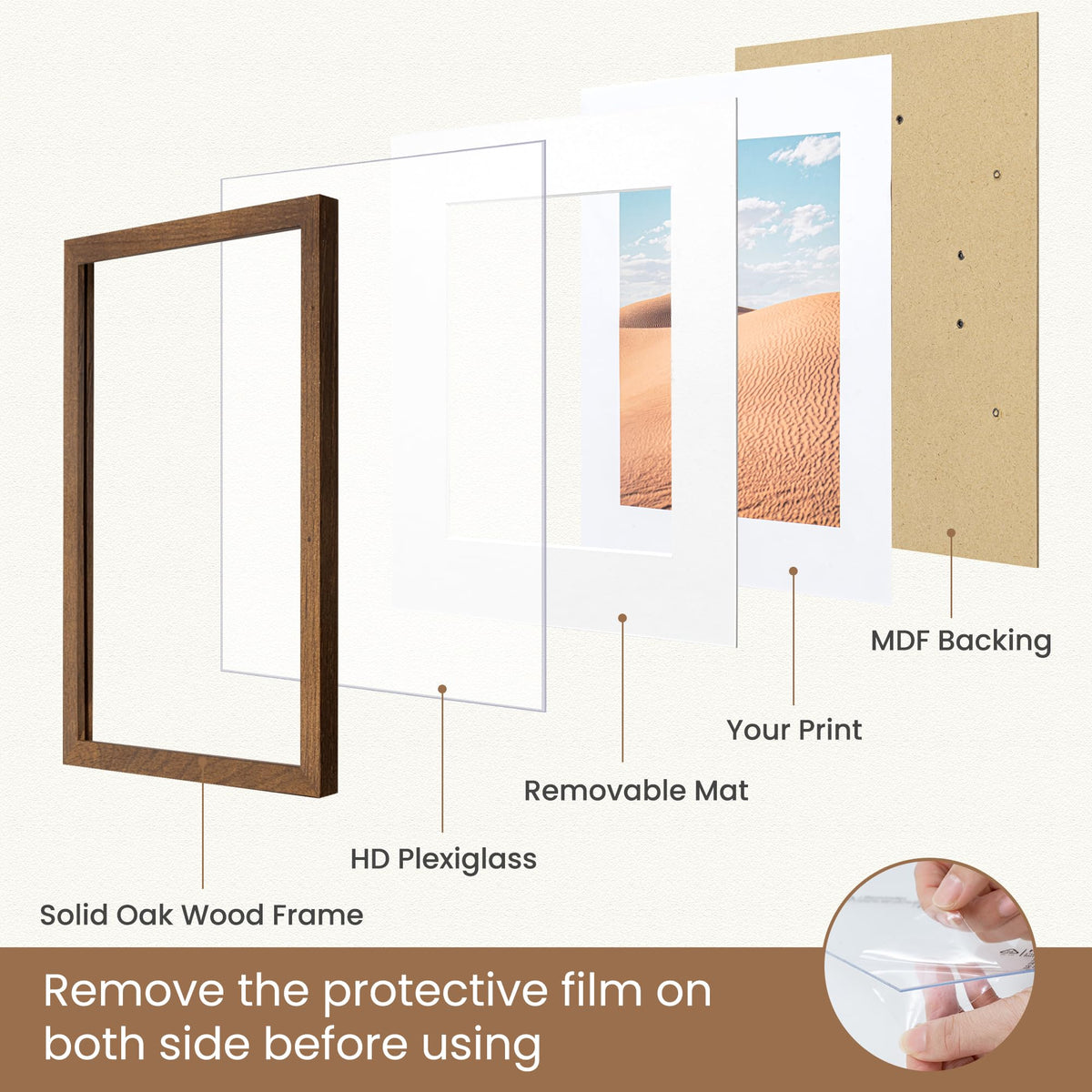 Dreamland 8x10 Picture Frame with Mat for 5x7, USA-Sourced Natural Oak Wood Photo Frames with Resistant Plexiglass, 8 x 10 Wooden Gallery Wall Frames for Art, Wall or Tabletop Display, Walnut