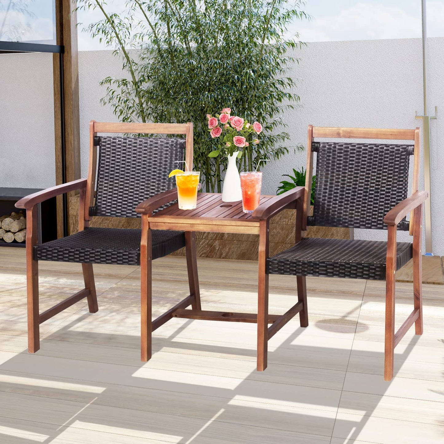 Tangkula Acacia Wood Garden Bench, Patiojoy Rattan Companion Loveseat Chair with Coffee Table and Parasol Hole, 2-Seater Outdoor Conversation Furniture Set for Backyard, Poolside, Balcony (Brown)