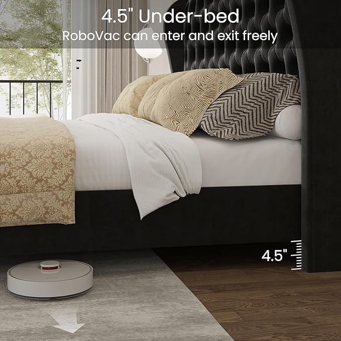 LARMACE Queen Size Bed Frame Velvet Upholstered Platform Bed