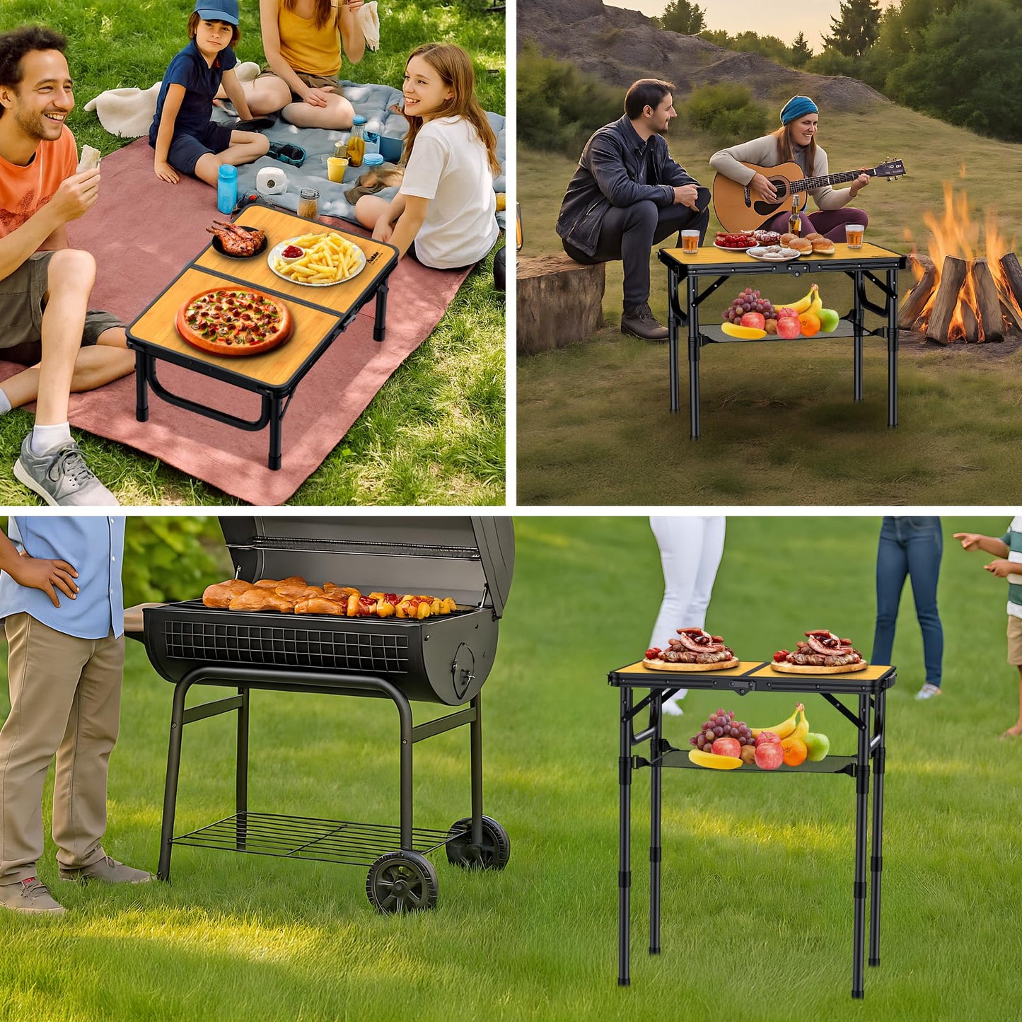 Anbte 2ft Camping Table Foldable with Storage Net, 3 Adjustable Heights Aluminum Small Folding Table Lightweight, Portable Handle for Travel Outdoor Beach Camping Picnic, 23.2" x 16", Light Oak Grain