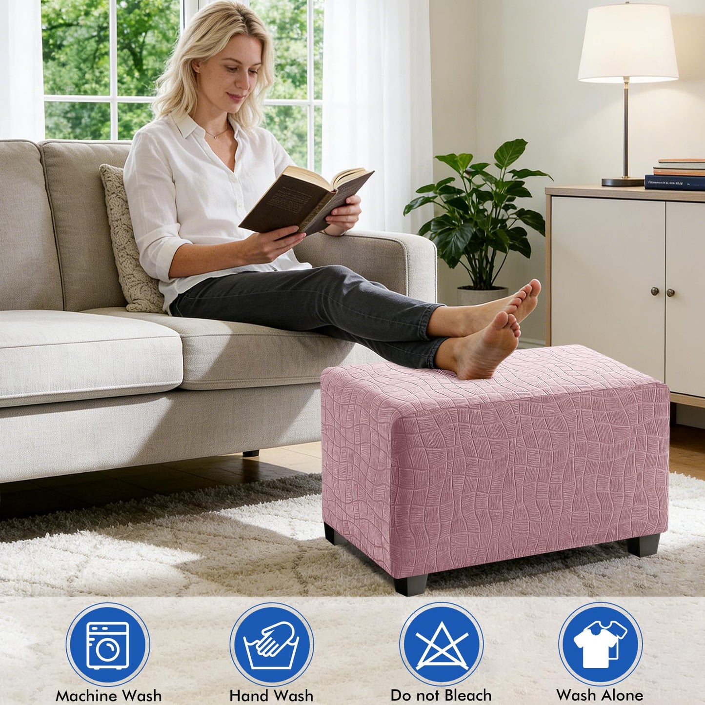 MAXIJIN Waterproof Ottoman Cover Rectangle Stretch Ottoman Slipcovers Square Thick Stool Covers Storage Footrest Furniture Protector with Non-Slip Elastic Bottom (Small, Dusty Pink)