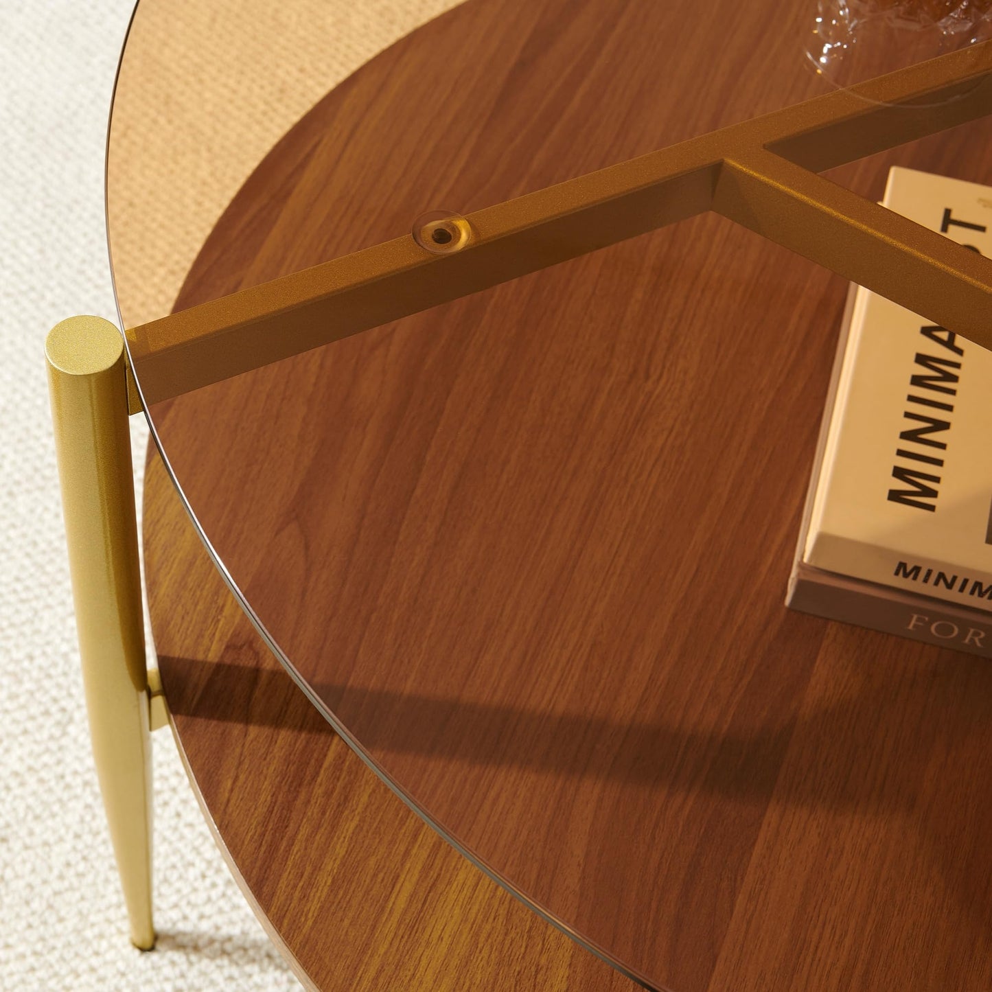 Pine Flicker Round Coffee Table, Mid-Century Modern Design, D30*H17 inch, for Living Room, 2-Tier Structure, Amber Glass Top and Walnut Wood Shelf, Sleek Conical Metal Legs with Gold Finish