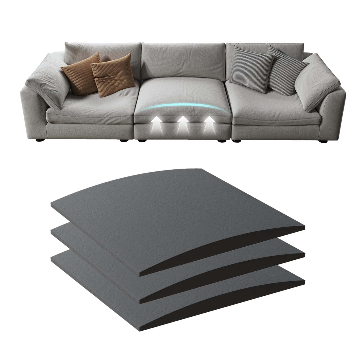 N NOORDENIYA Couch Cushion Support for Sagging Seat, High Density Foam Sofa Support Replacement for Furniture, Curved Couch Supporter for Under The Cushions, Grey Set of 3