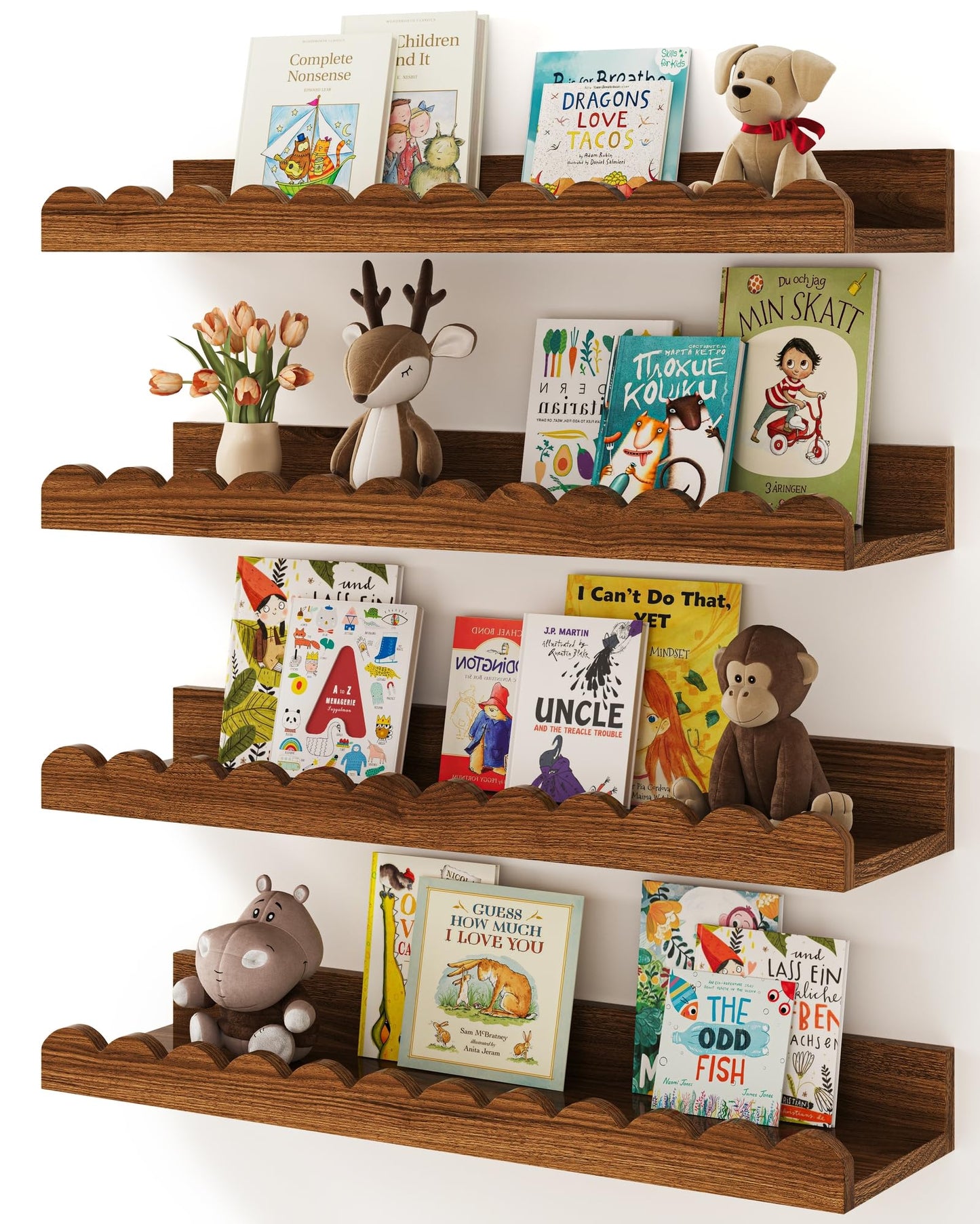 Shario Nursery Book Shelves, 4-Pack Walnut Brown,Floating Shelves for Wall Kids, Scalloped Shelves, Wall Book Shelves for Bedroom Kids, Toddler Room, Baby Room, Nursery Decor