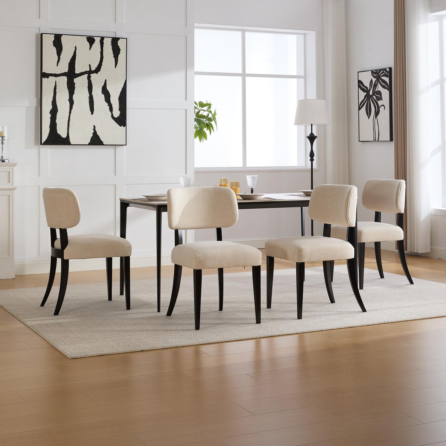 Wood Upholstered Dining Chairs Set of 2, Modern Linen Fabric Accent Side Seating with Padded Backrest, Armless Farmhouse Kitchen Room Furniture for Breakfast Nook Apartment Restaurant (Beige)