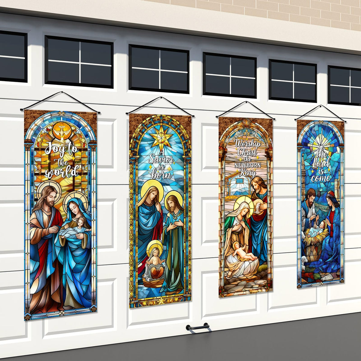 Panelee 4 Pcs Nativity Scene Banner Religious Christmas Backdrop Holy Nativity Stained Glass Style Wall Decorations Jesus Porch Sign for Xmas Indoor Outdoor Church Wall Hanging Decor