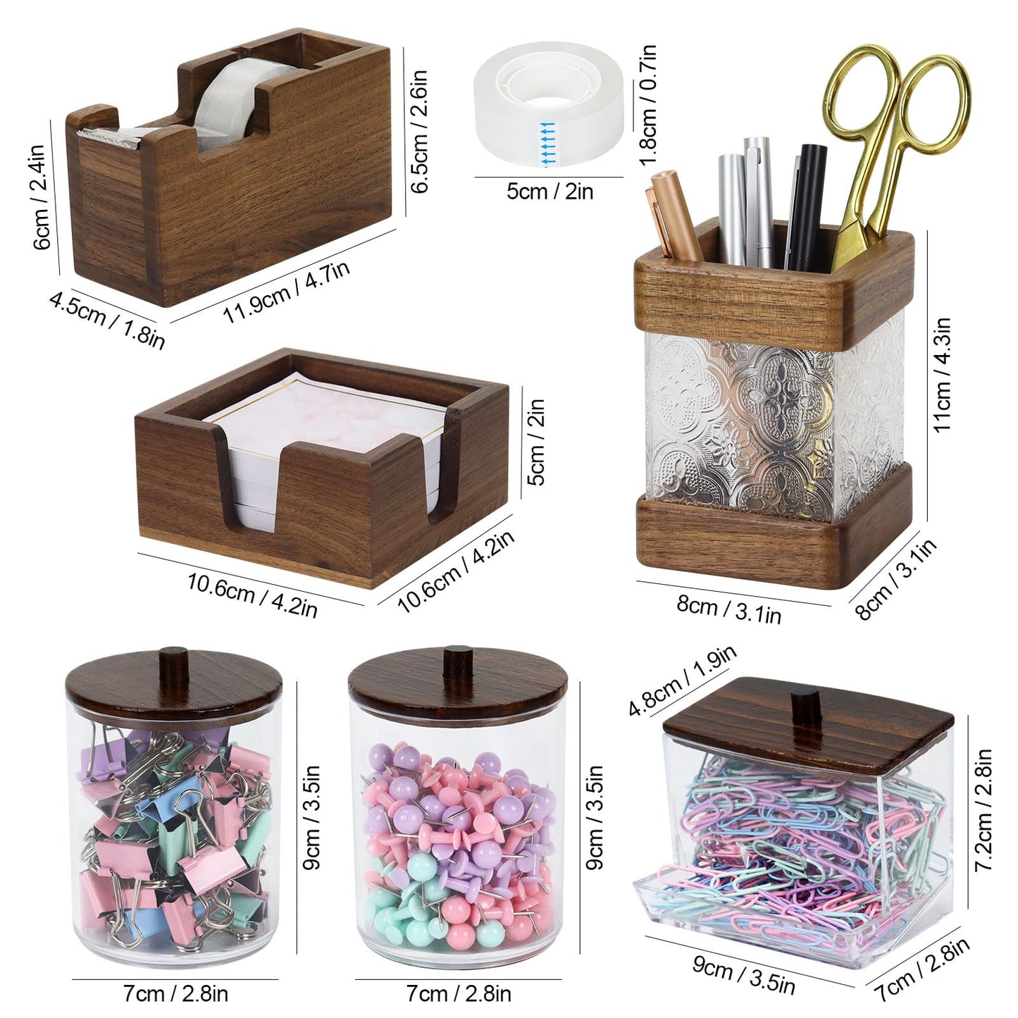 Buqoo 6-Piece Walnut Wood Desk Organizer Set - Pen Holder with Acrylic Insert, Tape Dispenser, Sticky Note Holder, Paper Clip Holder for Home Office School Supplies