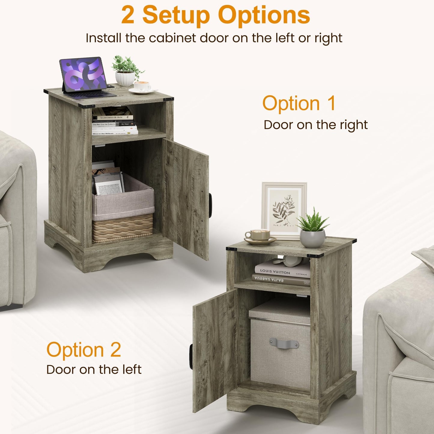 RoyalCraft Tall Farmhouse Nightstand with Charging Station, Grey End Table with Storage, Large Wooden Rustic Bedside Table for Bedroom, Home Office, Light Grey