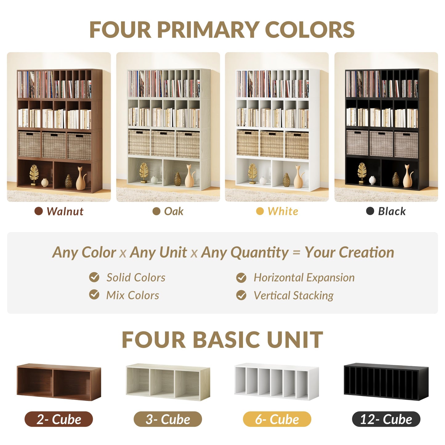 IOTXY DIY Modular Cube Bookcase - CubeXY Customizable Stackable Expandable Combination Set, 23-Cube Open Bookshelf for Books, Fabric Storage Bin, and 7/10-inch Vinyl Record Organizer, Oak