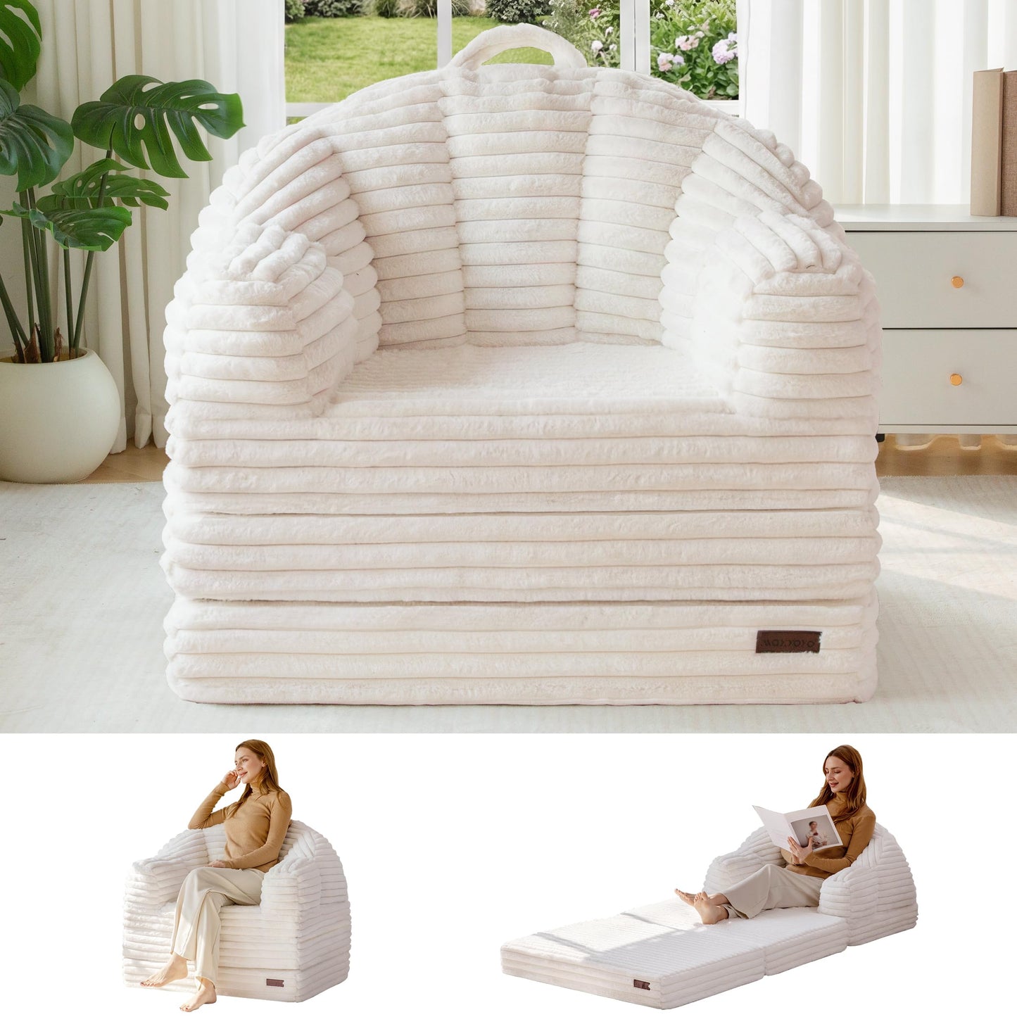 MAXYOYO Folding Sofa Bed, 2 in 1 Convertible Sofa to Lounger Comfy Faux Fur Bean Bag Chair for Adults, Floor Single Couch Chair with Handle, Couch Bed for Living Room Bedroom, Beige