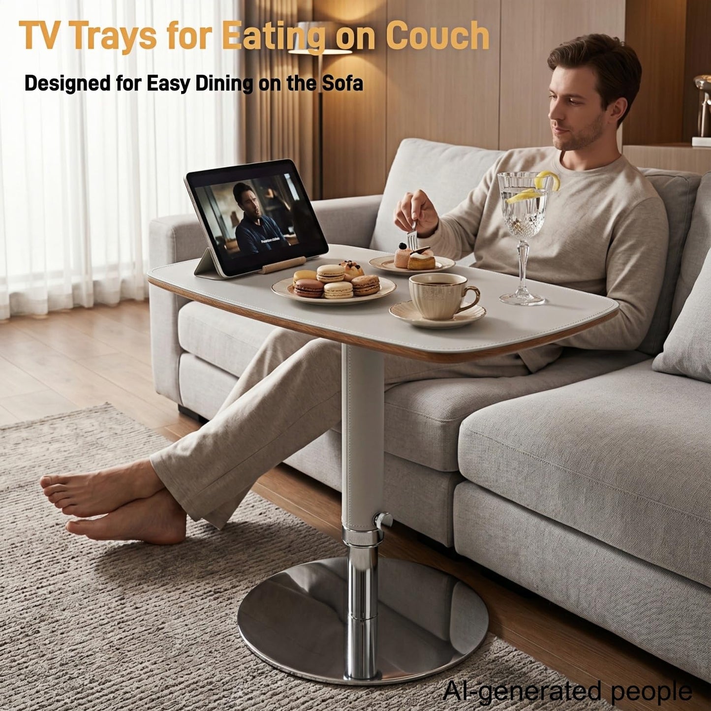 TV Trays for Eating on Couch, Adjustable Height 360° Swivel TV Tray with Saddle Faux Leather Top, Heavy Duty Snack Table for Sofa Bed Recliner, C Shaped Side Table for Laptop Dinner Small Spaces
