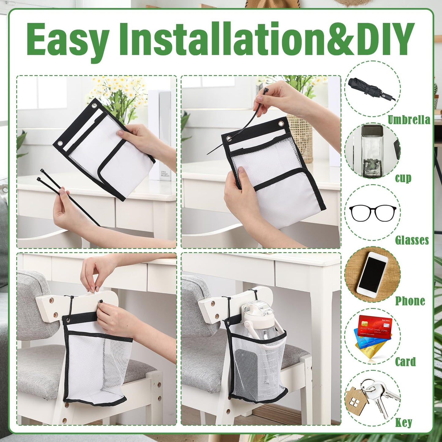 12 Pcs Water Bottle Organizer for Classroom Desk Anti-spill Water Bottle Pockets with 50 Pcs Black Zip Ties Back to School Gift Desk Cup Holders for Student Classroom Chair Pocket Attachment(Classic)