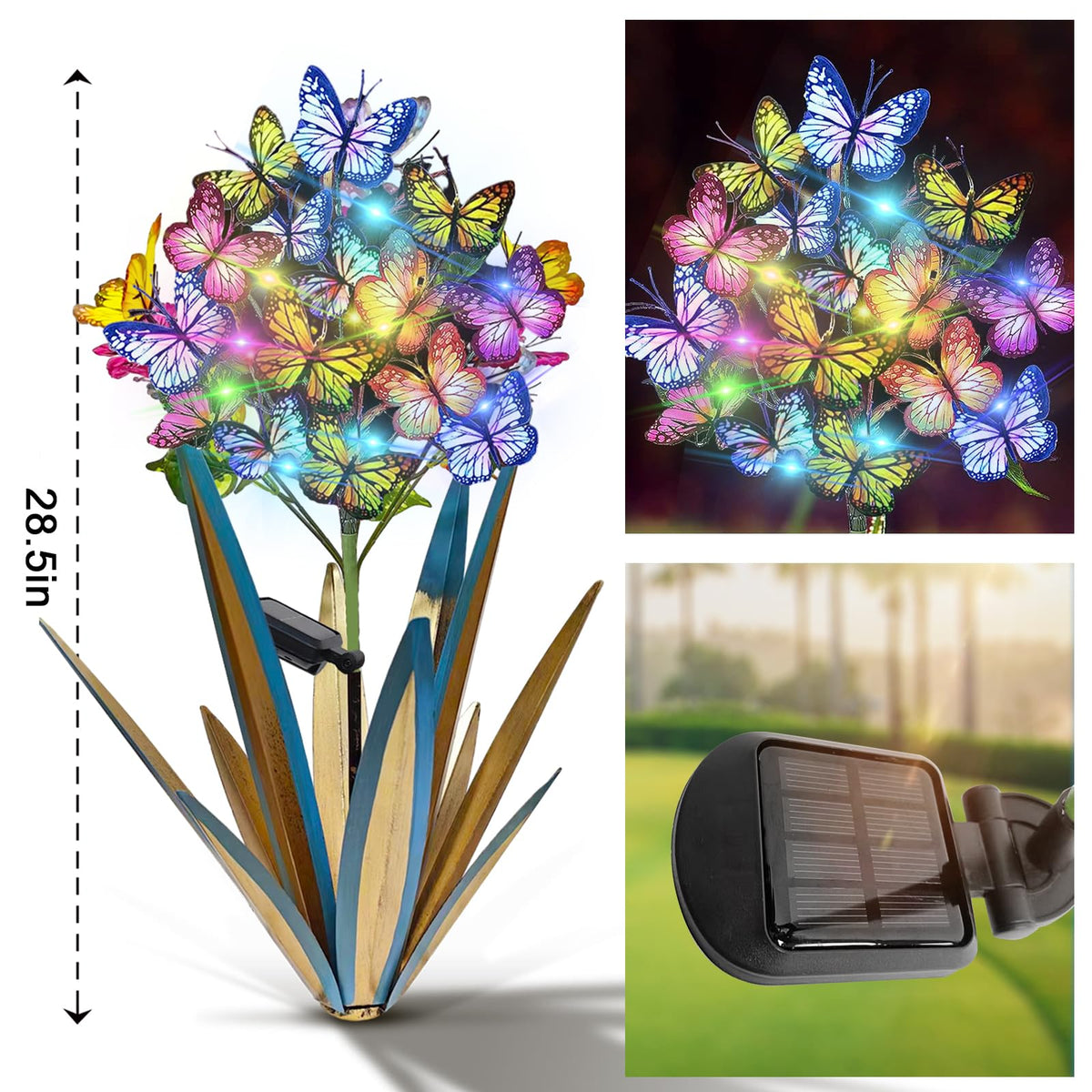 Homight Solar Metal Agave Butterfly Flower Stick Garden Sculpture - Outdoor Gift, Christmas Lights - Swaying Butterfly Garden Lights (2 PCS Blue)