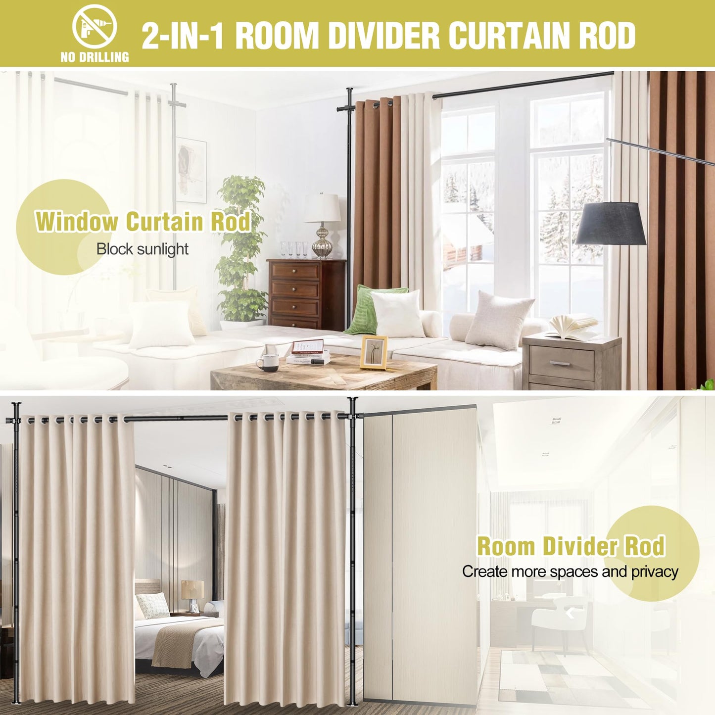 Room Divider, No Drilling Curtain Rod for Room Separation, 4-10ft(H) 29-73"(W) Adjustable Wall Divider, Heavy Duty Floor to Ceiling Tension Rod Space Partition Privacy Separator for Dorm Office, Black