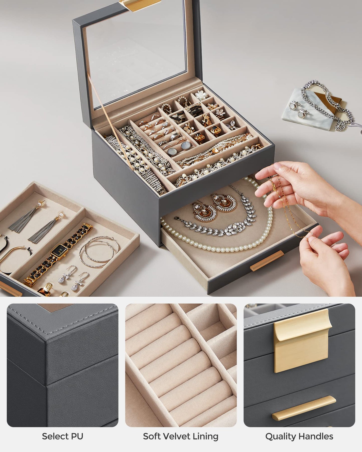 SONGMICS GISELLA Collection - Jewelry Box Organizer, 3-Layer Jewelry Storage with 2 Drawers, Shiny Metal Hardware, Glass Lid, Modern, 8 x 9.1 x 5.3 Inches, Gray and Gold Color UJBC239G02