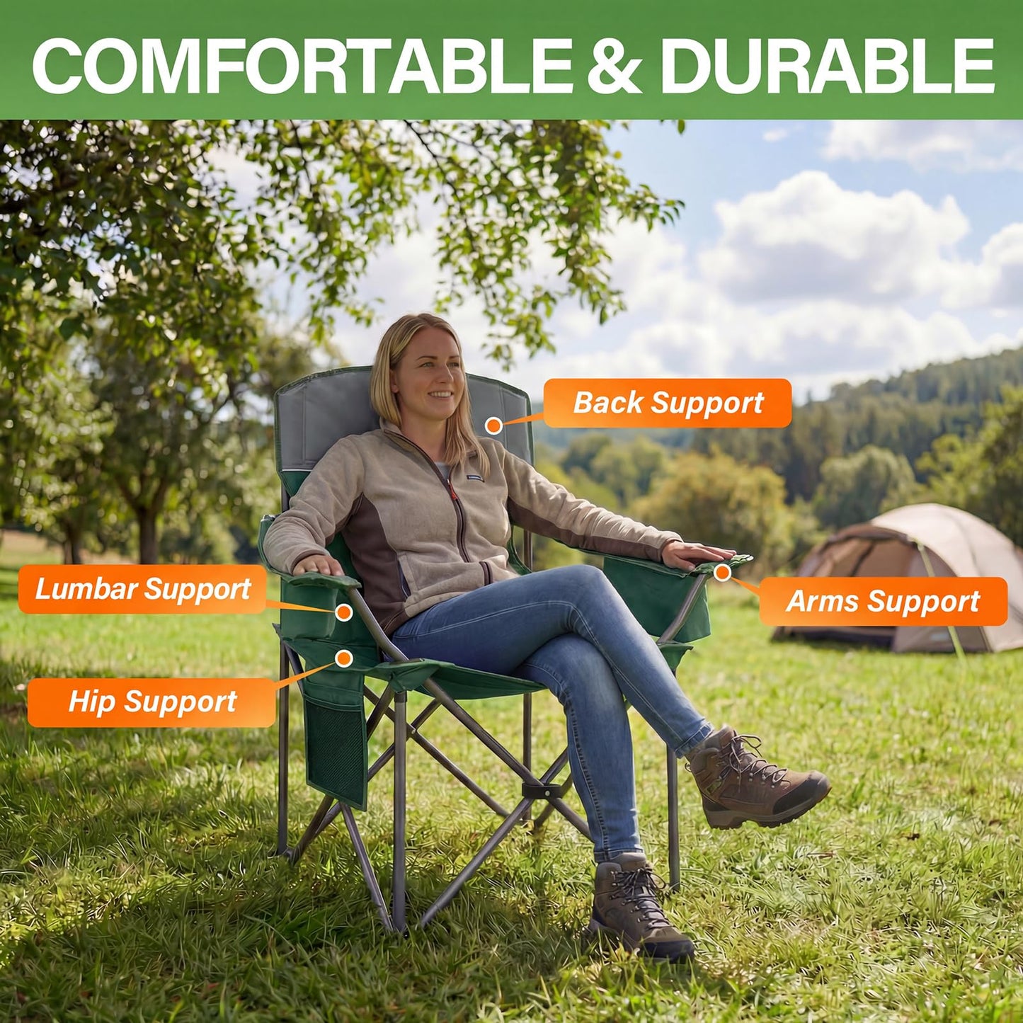 CAMPHILL Oversized Camping Chairs 2 Pack - Heavy Duty 400LBS Padded Lawn Chair with Cooler Bag,Cup Holder,Side Pocket,Collapsible for Outdoor,Camp,Fishing & Garden,Dark Green