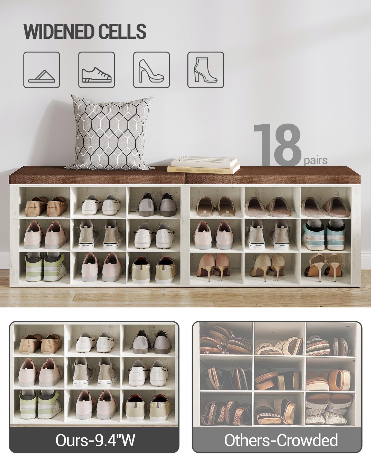 Hzuaneri Shoe Storage Bench with Cushion, Entryway Storage Bench with 18 Cubbies, 9.5" Widened Organizer Cabinet, Long Cubby Rack for Living Room, Bedroom, Entryway, White and Brown SB25714KA
