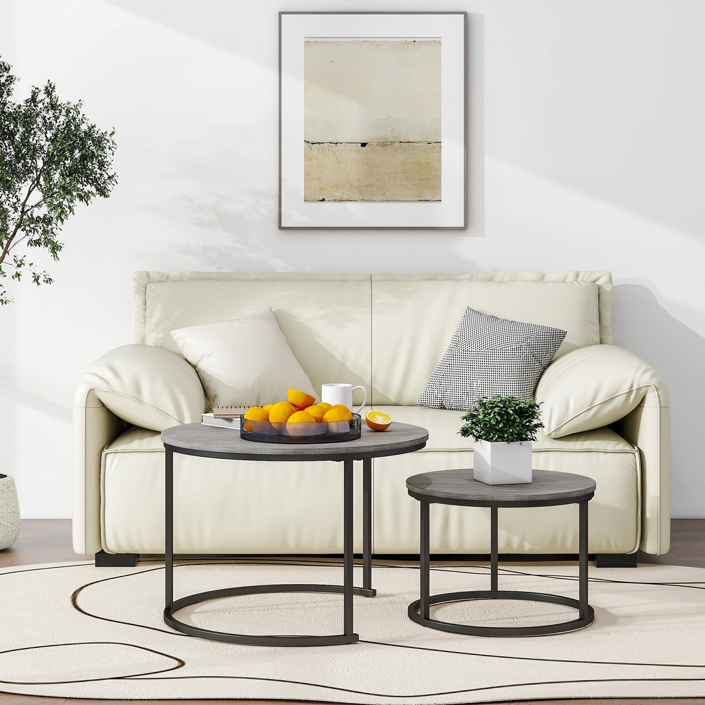 HOJINLINERO Round Coffee Table,Nesting Coffee Table Set of 2,Center Tables for Living Room,Office, Home Small Space,Stacking Side Tables,Sturdy and Easy Assembly,Wood Desktop,Black+Warm Grey,Large