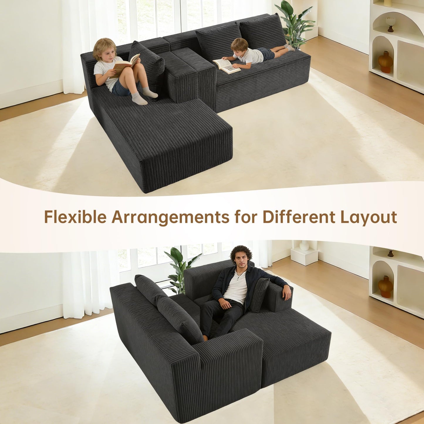 Nigoone 103" Boneless Corduroy Sectional Couch with Left Chaise, Modular L Shaped Couches for Living Room, Large Minimalist Modern Deep Seat Floor Sofa Set, No Assembly