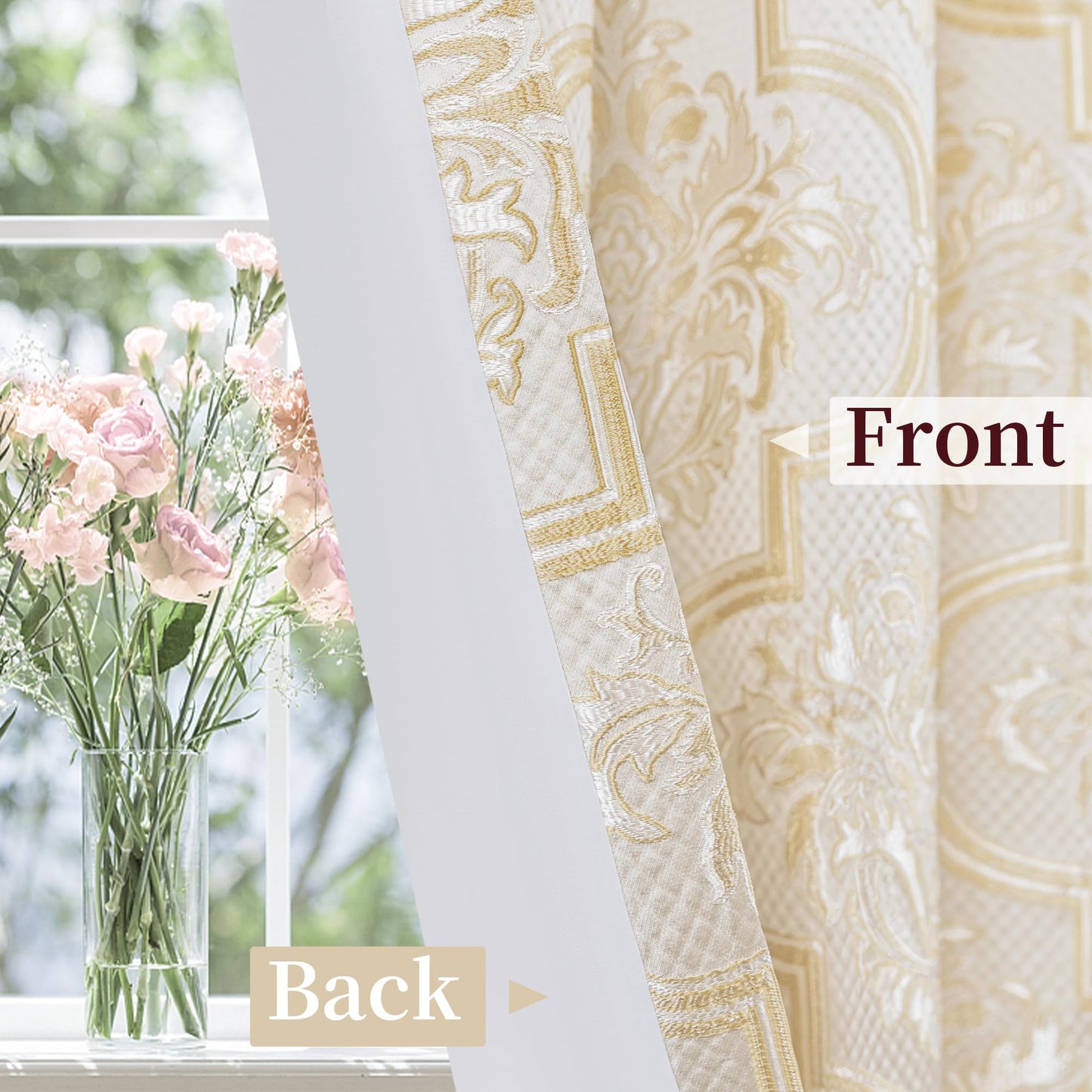 Loom and Mill Elegant Damask Curtains for Bedroom, Textured Lined Jacquard Curtains 2 Panels with Tiebacks, Beige Gold Floral Window Curtain for Living Room Banquet, Rod Pocket(52”x84”, 2 Panels)