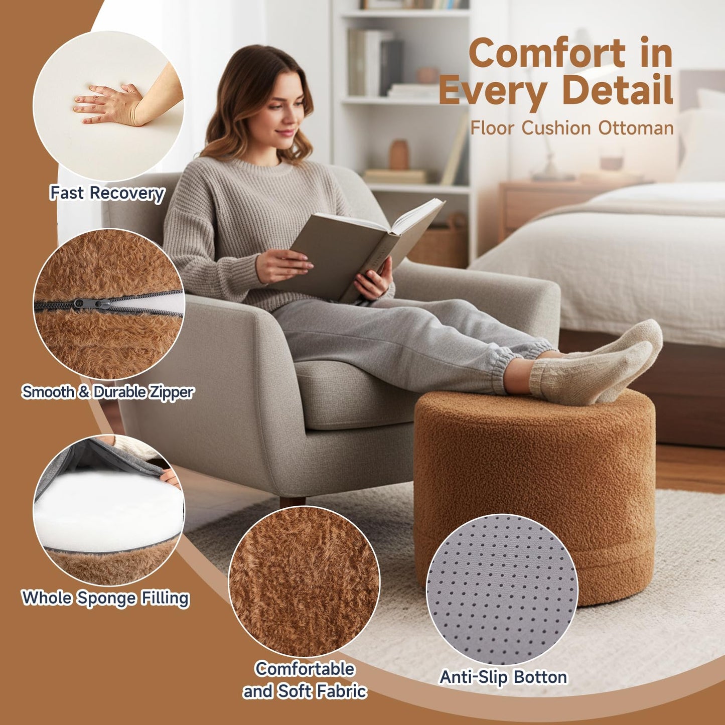 Tiita Pouf Ottoman and Foot Rest, Round Foam Stuffed Floor Pouf with Storag for Living Room, Brown