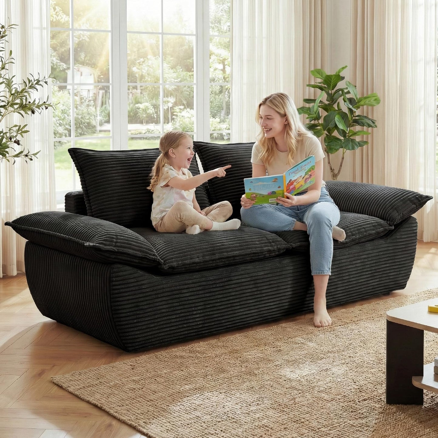 AOLVDOW 56" Boneless Loveseat Sofa, 2-Seater Black Boneless Sofa with Removable Cushions & 2 Pillows, Small Couch Boneless Compress Foam Sofa for Living Room, Apartments, & Office