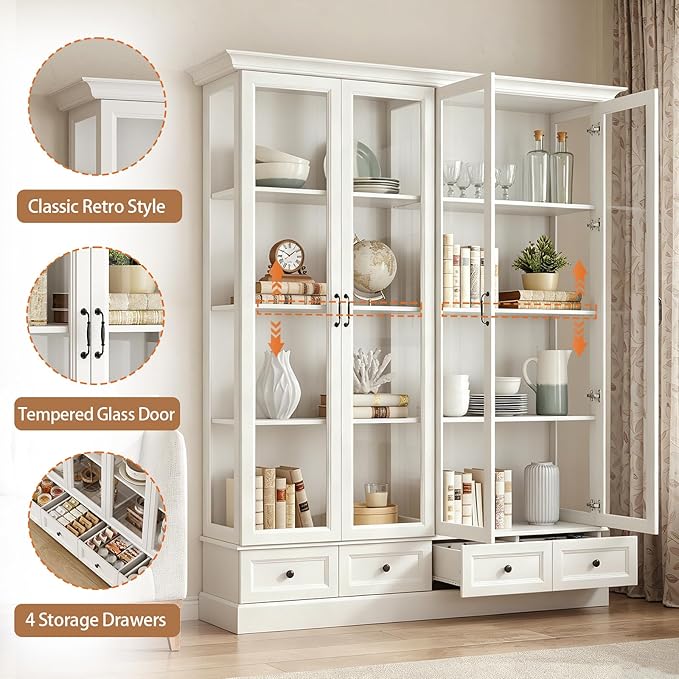 78" Large Storage Cabinet with Glass Doors, China Hutch, Farmhouse Kitchen