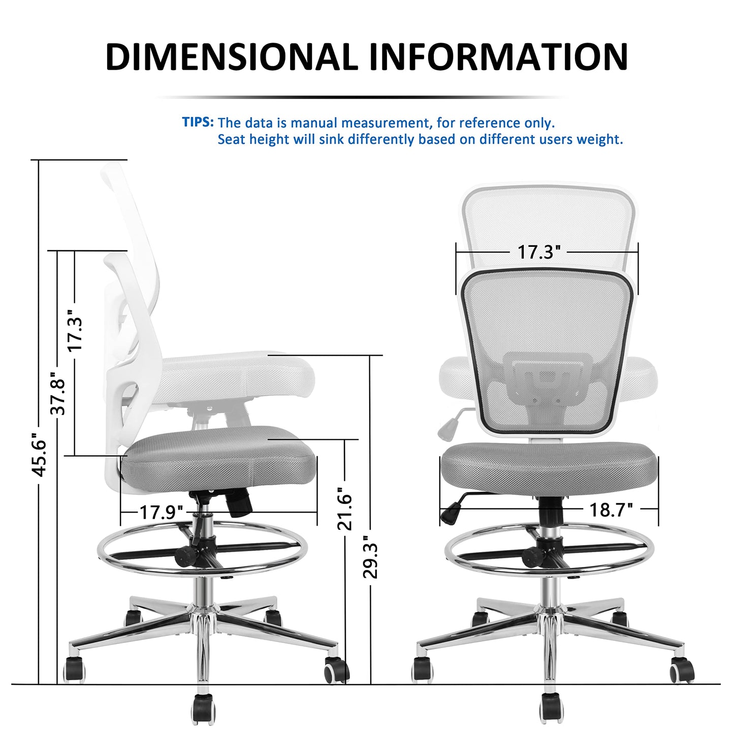 Drafting Chair, Tall Office Chair for Standing Desk, Drafting Stool with Lumbar Support, Adjustable Height and Foot Ring, Grey