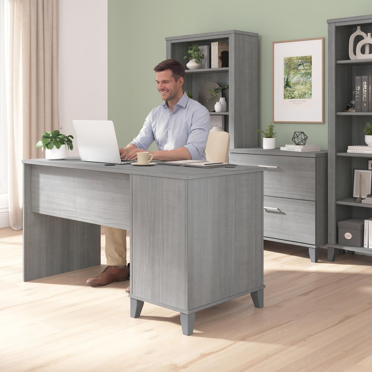 Bush Home 54-Inch Office Desk with Drawer and Storage Cabinet, Computer Desk with Box Drawer and Adjustable Shelf, Home Office Workstation Furniture, Somerset Collection, Platinum Gray
