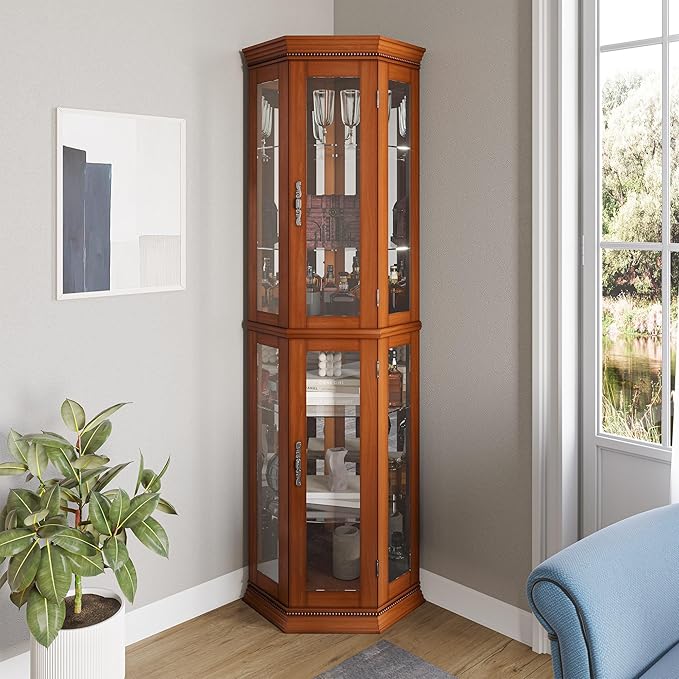 BELLEZE Lighted 3-Side Glass Display Curio Cabinet w/Tempered Glass Doors and