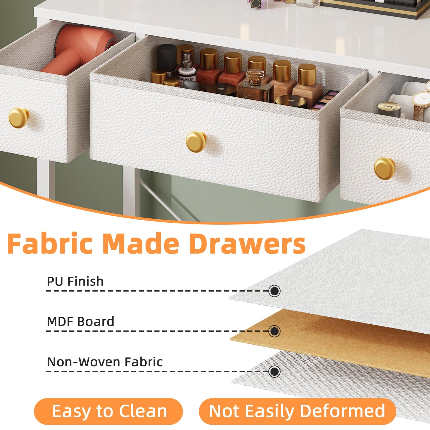 HIGDBFE Small Makeup Vanity Desk 27.5''W with Mirror and Lights, Vanity Desk with 3 Fabric Drawers and Height-Adjustable Stand, Vanity Table for Girls Gifts, Bedroom and Small Spaces, White