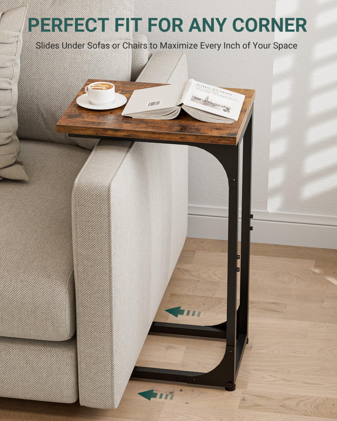 RISWER C-Shaped Side Table for Couch - Small Coffee Stand Sofa Tray Desk with Metal Frame and Waterproof Scratch Resistant, Modern End Accent for Living Room, Bedroom, Small Spaces, Rustic Brown