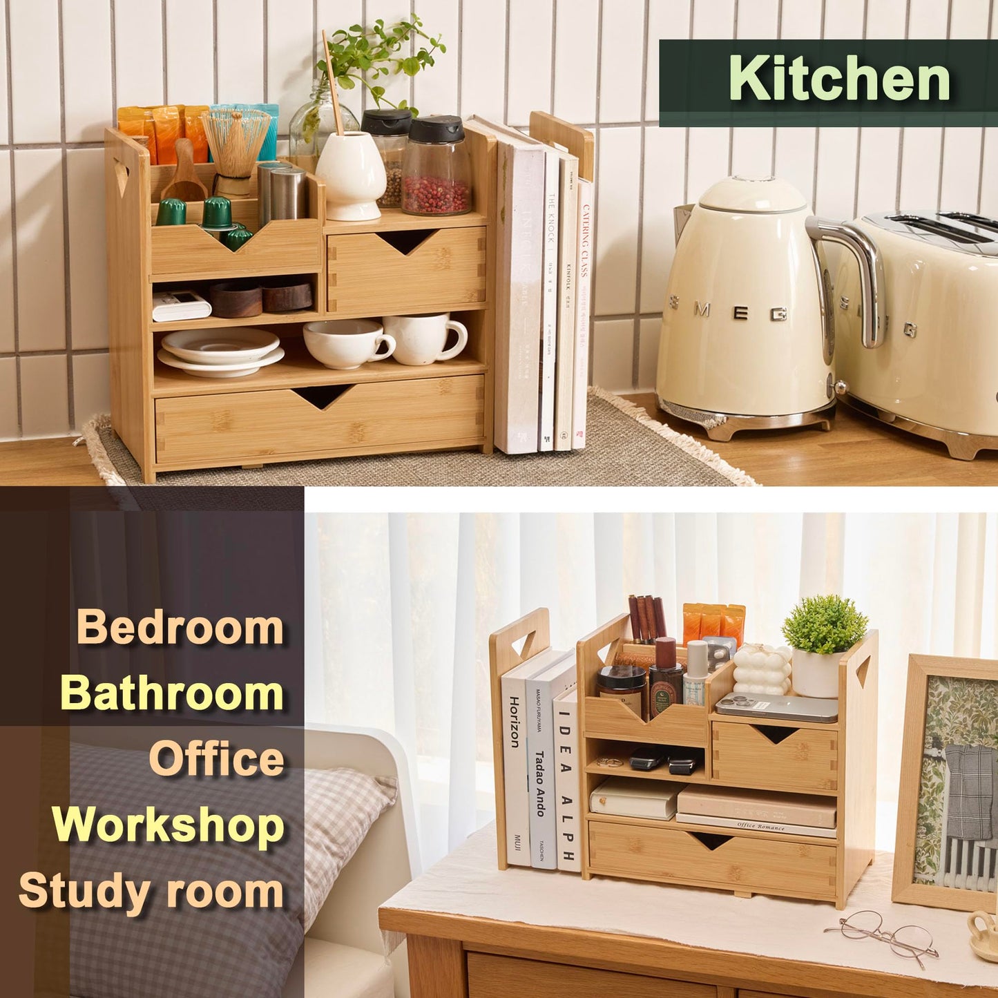 Pandorama Bamboo Desk Organizer Medium - Drawers & Adjustable File Holder, Fully Assembled Wood Desktop Storage for Kitchen, Bedroom, Bathroom, Study Room