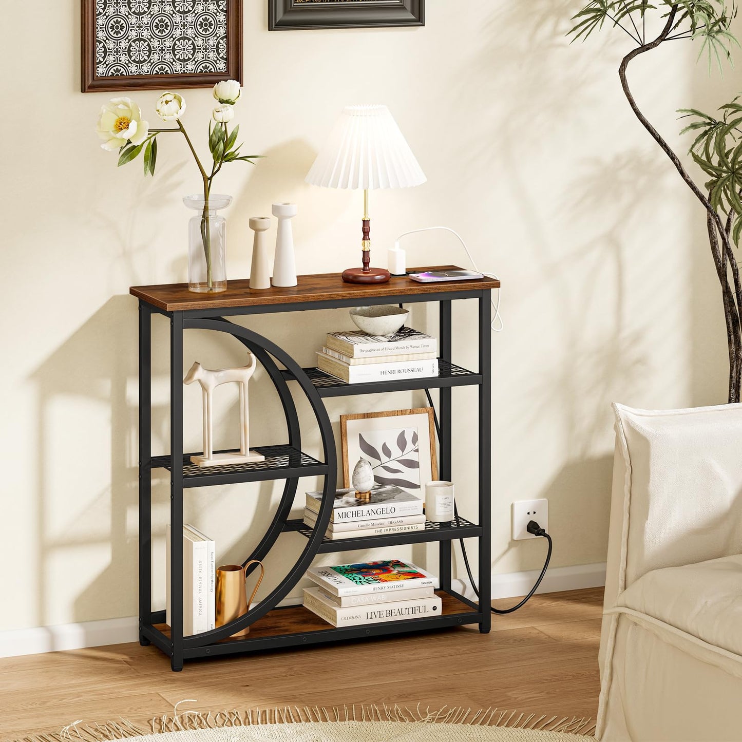 Snughome Entryway Table, Console Table with Charging Station, Industrial Narrow Sofa Table with 5 Tier Storage Shelves, Entrance Table for Hallway, Behind The Couch, Living Room, Foyer